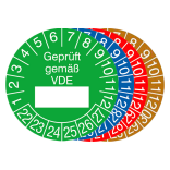 Prüfplaketten mit Jahresfarbe (6 Jahre), 2022 / 2027 - 2025 / 2030, Geprüft gemäß VDE, 15er-Bogen