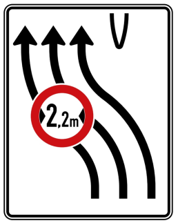Verkehrszeichen 505-12 StVO, Überleitungstafel ohne Gegenverkehr, dreistreifig nach links