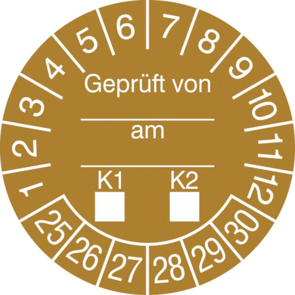 Prüfplaketten mit Jahresfarbe (6 Jahre), 2022/2027-2029/2034, Geprüft von... am..., 15er-Bogen