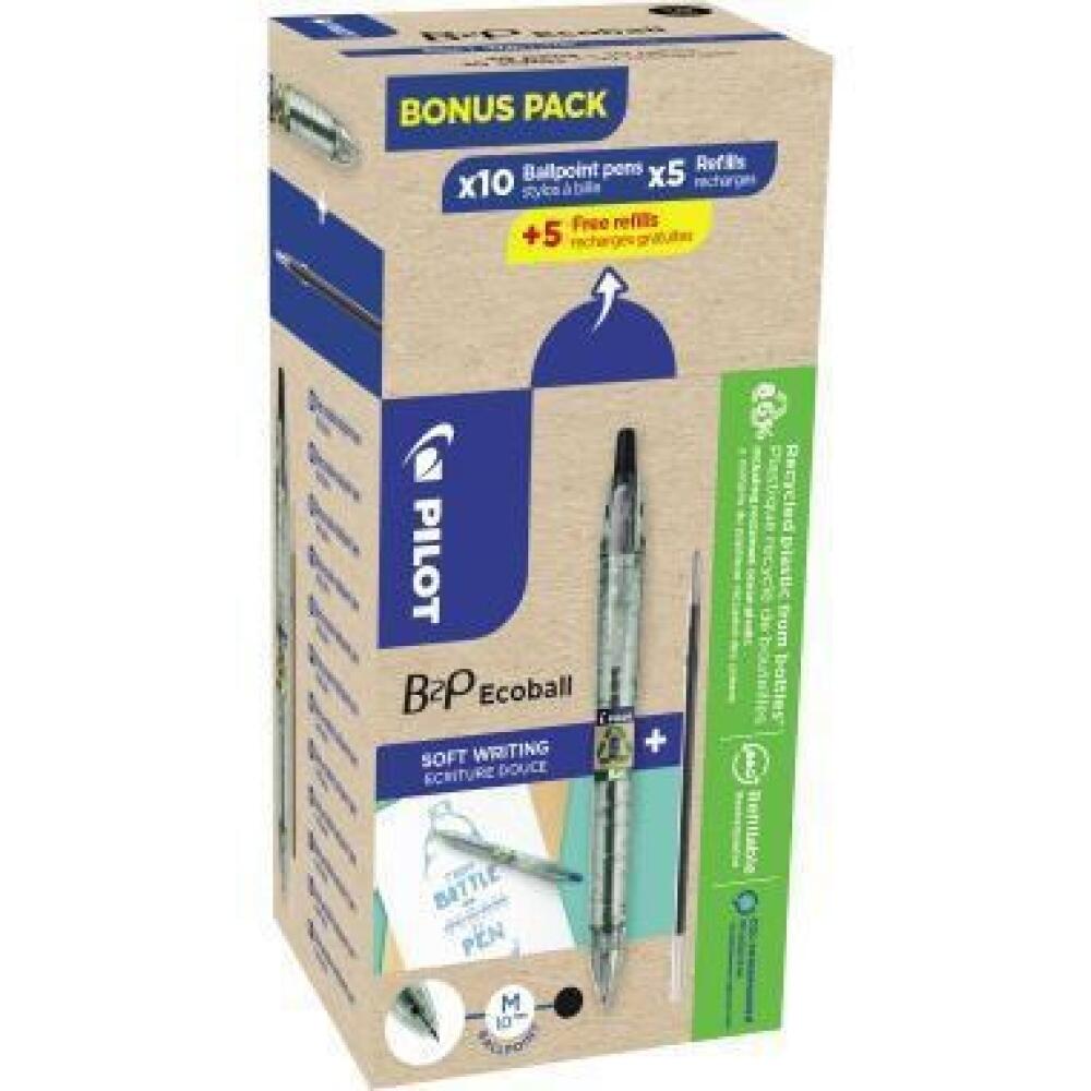 PILOT B2P Ecoball Set 10 Kugelschreiber + 10 Minen, schwarz oder blau, 86 % recyceltes Material