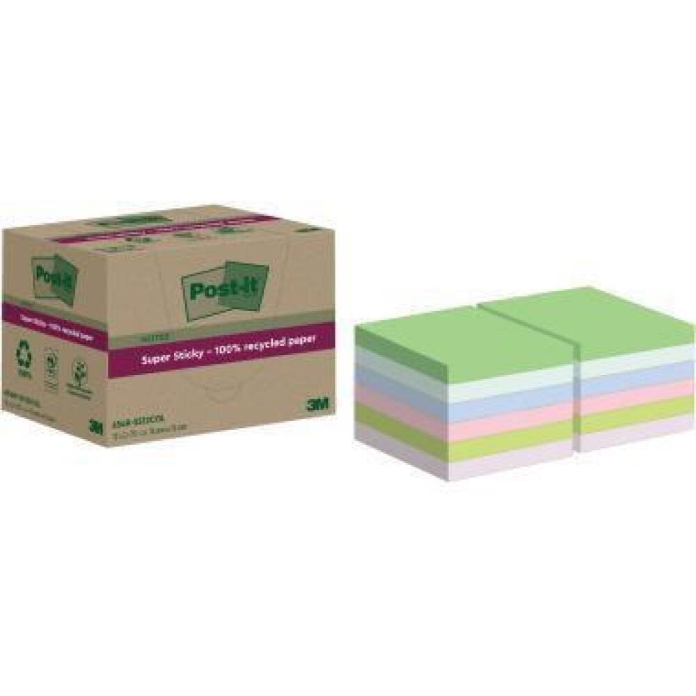 Post-it Super Sticky Recycling Haftnotizen, 12 oder 18 St., mehrfarbig, r&uuml;ckstandsfrei, robust