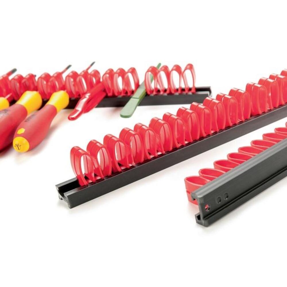 PARAT Werkzeughalter, 3 Leisten mit 12 flexiblen Doppelklammern, rot oder schwarz, PVC