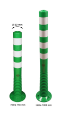 Technische Ansicht: Absperrpfosten -Elasto Green-, mit retroreflektierenden Streifen, überfahrbar, v.l.: Art. 37875, 37876