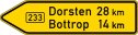 Verkehrszeichen 415-10 StVO, Pfeilwegweiser auf Bundesstraßen, linksweisend, Höhe 500 mm, einseitig, Schrifthöhe 126 mm, zweizeilig