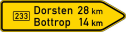 Verkehrszeichen 415-20 StVO, Pfeilwegweiser auf Bundesstraßen, rechtsweisend, Höhe 450 mm, einseitig, Schrifthöhe 140 mm, einzeilig