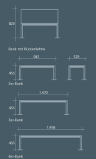 Technische Ansicht: Maße der Sitbank -Freelax- 2-,3- und 4- Sitzer