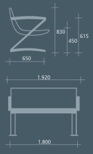 Technische Ansicht: Maße der Sitzbank -Zorro- mit Rückenlehne (Art. 20827)