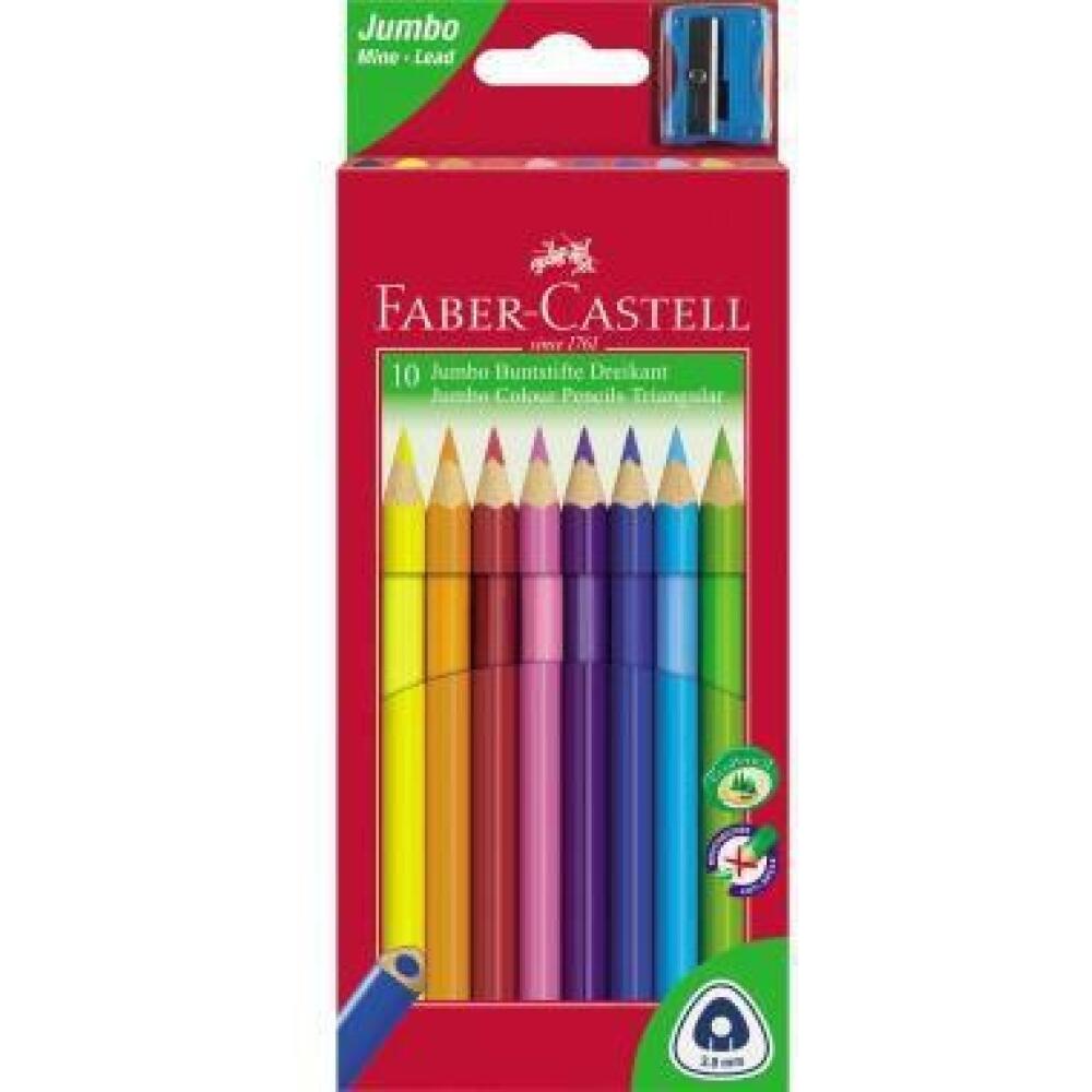 Faber-Castell Triangular Jumbo Farbstifte, 10 Farben, ergonomisch, mit Namensfeld, inkl. Spitzer