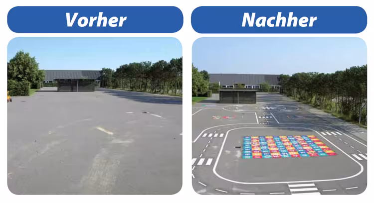 Spielplatzmarkierung Hüpfspiel DecoMark® ′Himmel und Hölle′ aus Thermoplastik - Anwendungsbeispiel: Vorher / Nachher