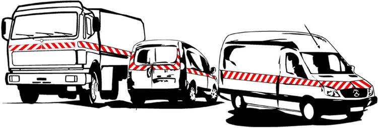 Technische Ansicht: Warnmarkierung für Fahrzeuge mit Sonderrechten, rechts- und linksweisend (v.l.