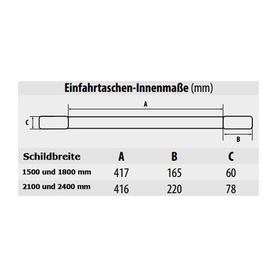 Technische Ansicht: Schneeschieber -Typ SCH-, Innenmaße der Einfahrtaschen (Art. 38247 bis 38262)
