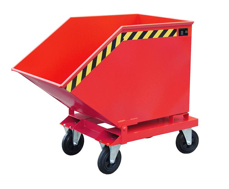 Anwendungsbeispiel: Kippmulde -Typ KK 600- in RAL 3000, mit Rollen aus Vollgummi - siehe Zubehör