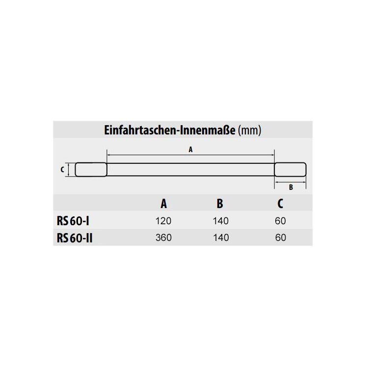 Technische Ansicht: Fasslifter -Typ RS-60- Innenmaße der Einfahrtaschen (Art. 38895 und 38896)