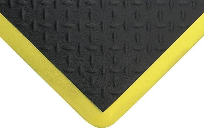 Ergonomische Arbeitsplatzmatte COBA, schwarz mit gelben Streifen, PU, 18mm, Rautenmuster, 900x600mm 