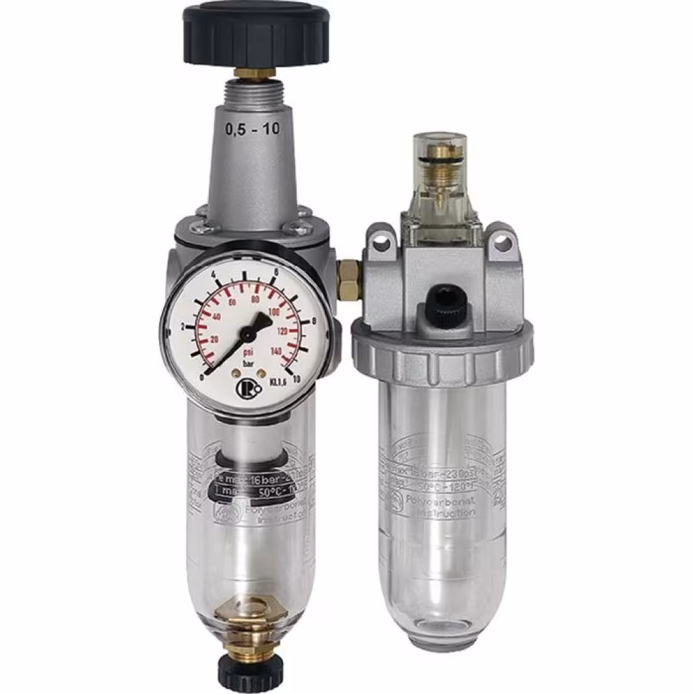 Wartungseinheit RIEGLER 2-tlg. G 1/4, G 3/8 oder G 1/2 Zoll, 600-2100 l/min, Polycarbonatbeh&auml;lter