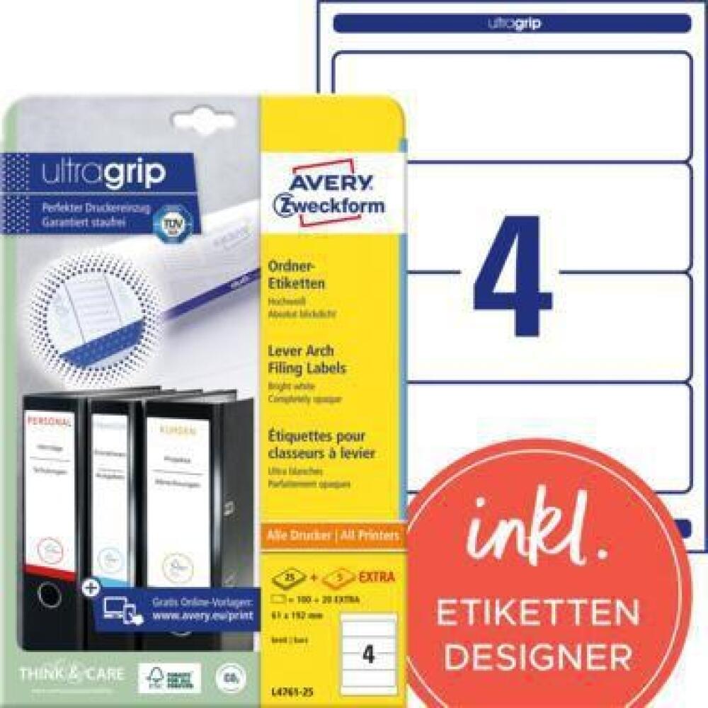 Avery Zweckform Ordneretikett L4761-25, 61x192mm, 120 St., ultragrip&reg;, f&uuml;r Laserdrucker, Inkjet