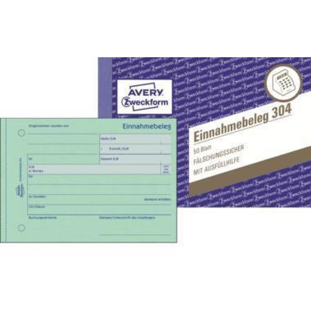 Avery Zweckform Einnahmebeleg 304 DIN A6 quer, 50 Blatt, f&auml;lschungssicher, abheftbar, gr&uuml;n
