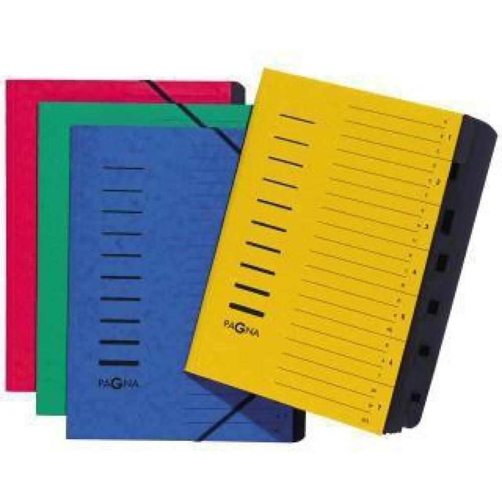 PAGNA Ordnungsmappe DIN A4, 12 F&auml;cher A-Z, Gummizugverschluss, Farben: rot, blau, gr&uuml;n, gelb