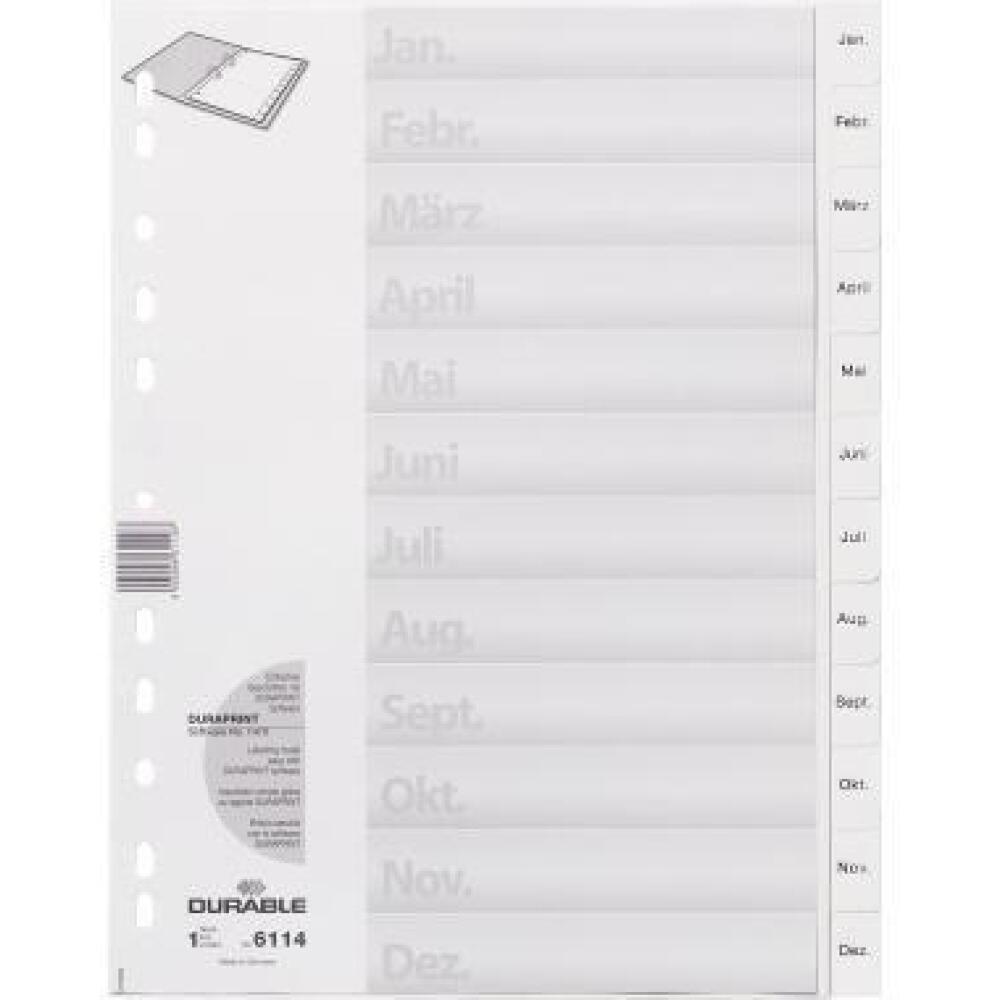 DURABLE Ordnerregister 611402 DIN A4, Jan-Dez, gepr&auml;gte Taben, EDV-beschriftbar, 12 Bl&auml;tter