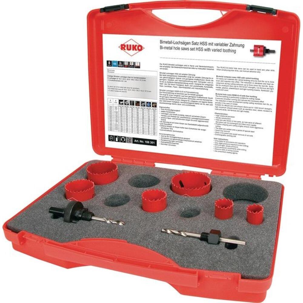 RUKO Lochs&auml;gensatz 8-19-tlg. HSS-Bi-Metall, &oslash; 16-83mm, Schnitttiefe 38mm, Kunststoffkoffer