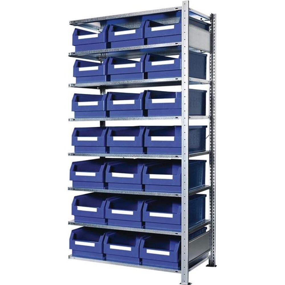 Steckregal H2000mm, B1000mm, T500mm, Anbauregal, 8 Stahlb&ouml;den, 21 Sichtlagerk&auml;sten blau, KAPPES