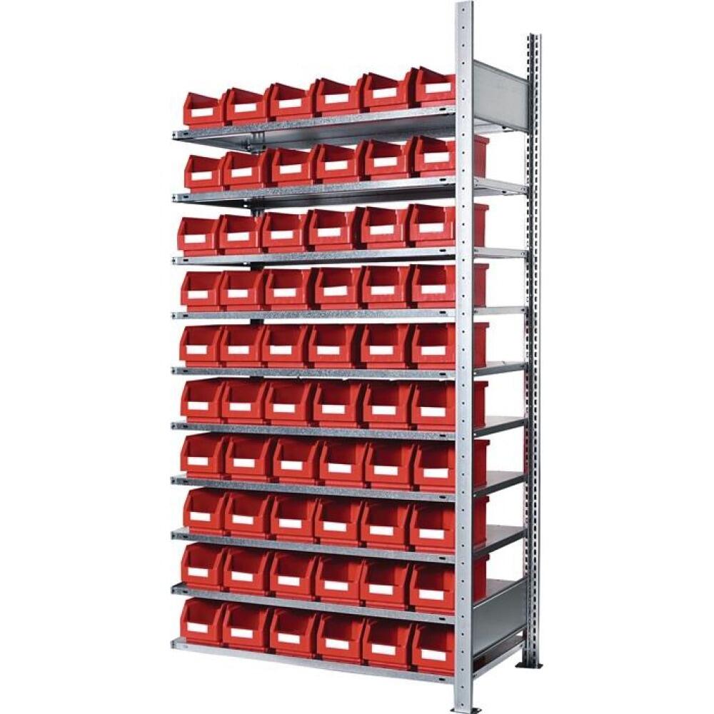 KAPPES Steckregal 200x100x30cm, Anbauregal, 10 verzinkte Stahlb&ouml;den, 60 Sichtlagerk&auml;sten rot