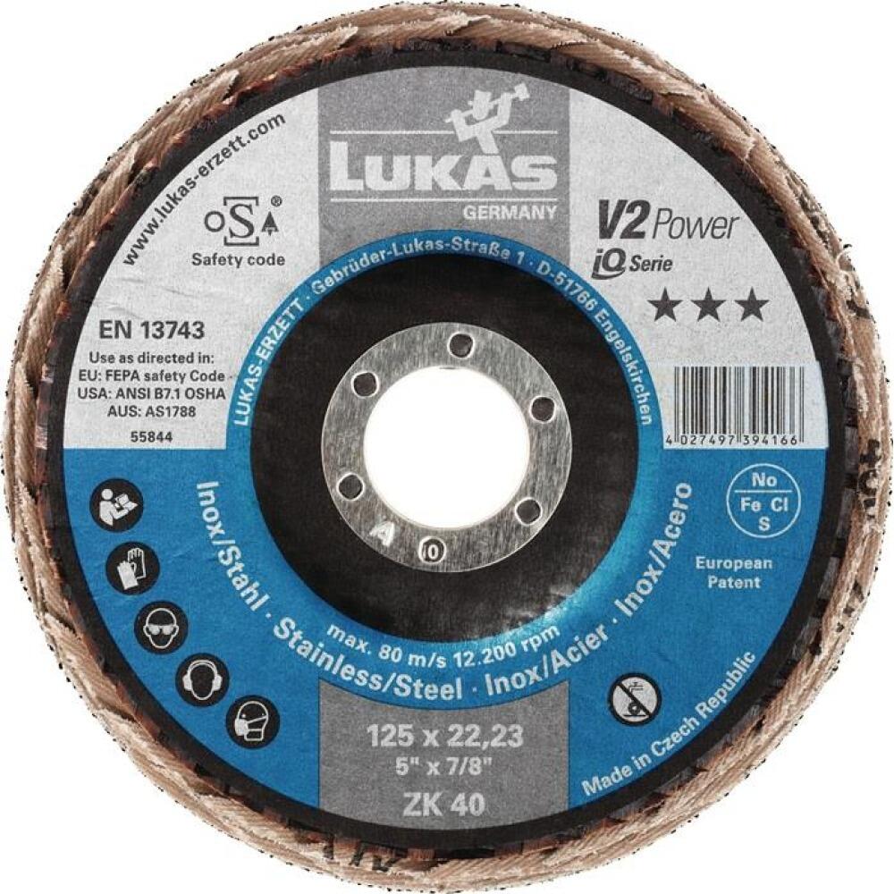 F&auml;cherscheibe V2 POWER 125mm K.40 flach, Zirkonkorund, f&uuml;r Stahl, Edelstahl, 10 Stk, LUKAS