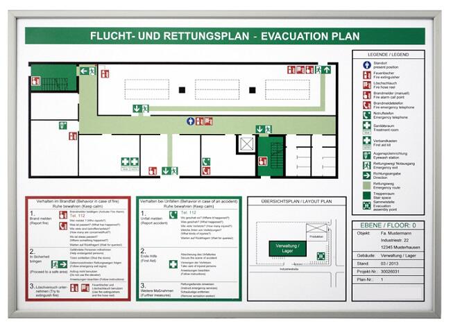 Rahmen für Flucht- und Rettungspläne, aus Alu, verschiedene Formate - Anwendungsbeispiel:
