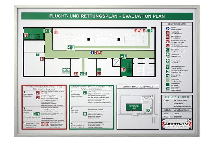 Anwendungsbeispiel: Rahmen für Flucht- und Rettungspläne, schwerentflammbar (Rettungsplan nicht im