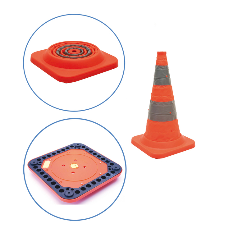 Faltleitkegel -Cone Plus-, Höhe 500 mm, gemäß StVZO, Vollgummifuß und Blinklicht, orange-silber