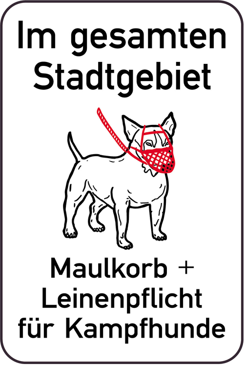 Hundeschild, Im gesamten Stadtgebiet Maulkorb + Leinenpflicht für Kampfhunde, 400 x 600 mm