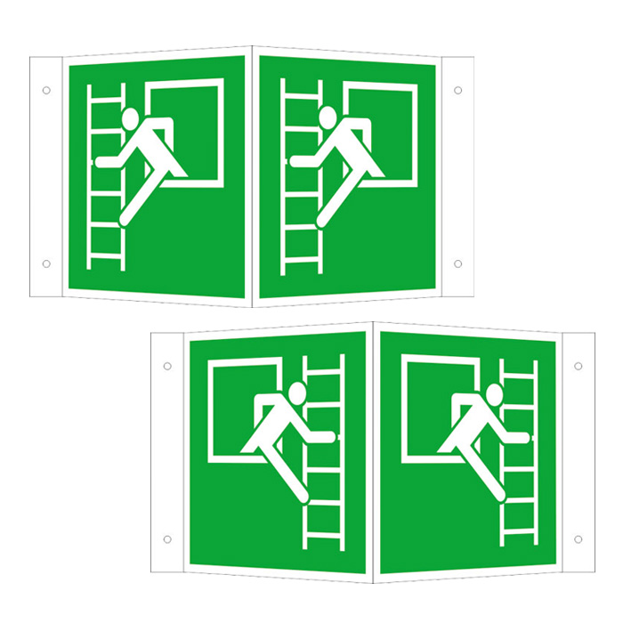 Rettungsschild als Winkelschild Notausstieg mit Fluchtleiter, links / rechts, langnachleuchtend
