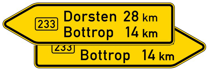 Verkehrszeichen 415-40 StVO, Pfeilwegweiser auf Bundesstraßen, doppelseitig, Höhe 700 mm, Schrifthöhe 175 mm, zweizeilig