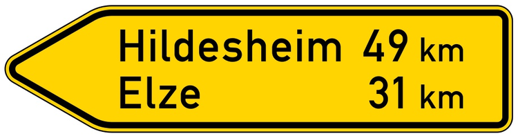 Verkehrszeichen 418-10 StVO, Pfeilwegweiser auf sonstigen Straßen, linksweisend, Höhe 600 mm, einseitig, Schrifthöhe 140 mm, zweizeilig