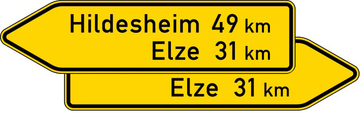 Verkehrszeichen 418-40 StVO, Pfeilwegweiser auf sonstigen Straßen, doppelseitig, Höhe 700 mm, Schrifthöhe 175 mm, zweizeilig