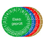 Prüfplaketten mit Jahresfarbe (6 Jahre), 2022 / 2027 - 2025 / 2030, Elektr. geprüft, 15er-Bogen