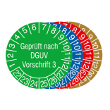 Prüfplaketten mit Jahresfarbe (6 Jahre), 2022 / 2027 - 2025 / 2030, nach DGUV Vorschrift 3, Bogen