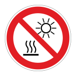 Verbotsschild, Nicht der direkten Sonnenstrahlung oder einer heißen Oberfläche aussetzen