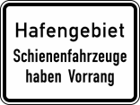 Verkehrszeichen 1008-33 StVO, Hafengebiet Schienenfahrzeuge haben Vorrang