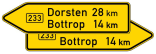 Verkehrszeichen 415-40 StVO, Pfeilwegweiser auf Bundesstraßen, doppelseitig, Höhe 400 mm, Schrifthöhe 126 mm, einzeilig