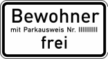 Verkehrszeichen 1020-32 StVO, Bewohner mit Parkausweis Nr. ... frei