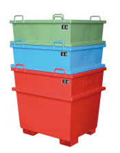 Anwendungsbeispiel: Universal-Container -Typ UC-750-, in verschiedenen RAL-Tönen, stapelbar (v.u. Art. 38516-02, -03, -04)