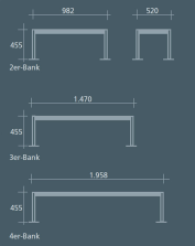 Technische Ansicht: Maße der Sitzbank -Freelax- 2-,3- und 4-Sitzer