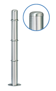 Absperrpfosten -Acero Rundkopf- (V2A) ø 76 mm aus Edelstahl mit 3 Zierringen (Oben, Mitte, Unten)