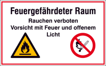 Hinweisschild zur Betriebskennzeichnung, Feuergefährdeter Raum Rauchen verboten ...