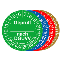 Prüfplaketten mit Jahresfarbe (6 Jahre), 2021 / 2026 - 2024 / 2029, geprüft nach DGUVV, 15er-Bogen