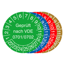 Prüfplaketten mit Jahresfarbe (6 Jahre), 2022 / 2026 - 2025 / 2030, nach VDE 0701 / 0702, 15er-Bogen