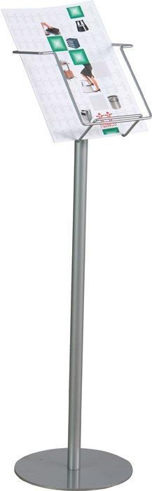 Prospektst&auml;nder, H880xB235mm, DIN A4, Draht, mit Metallfu&szlig; &oslash;235mm, F&uuml;lltiefe 75mm, silber