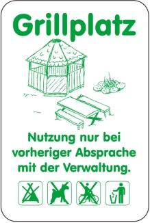 Sonderschild, Grillplatz, Nutzung nur bei vorheriger Absprache mit der Verwaltung, 400 x 600 mm,