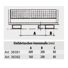 Technische Ansicht: Arbeitsbühne -Typ MB-ST-, Innenmaße der Einfahrtaschen (v.o. Art. 38391 und 38392)